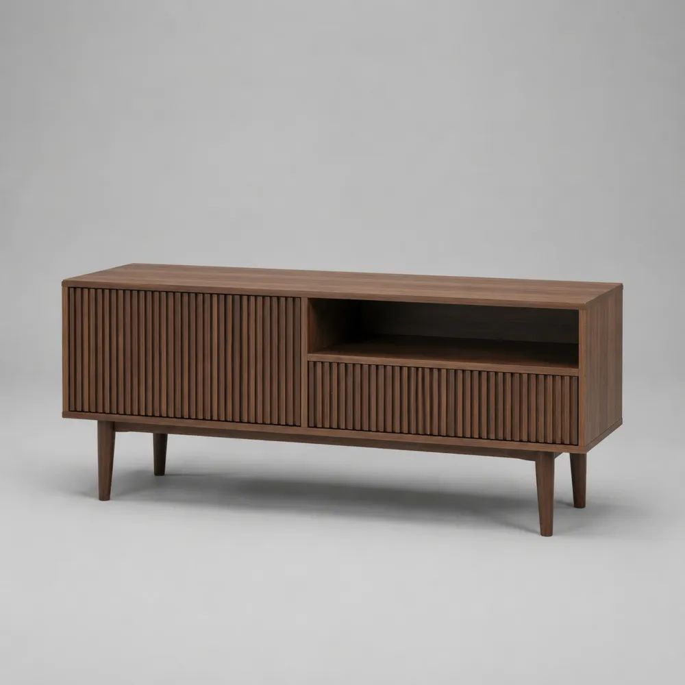 Meuble TV rectangulaire en MDF plaqué noyer avec porte coulissante, tiroir et niche ouverte, brun noyer, 120 x 40 x 65 cm