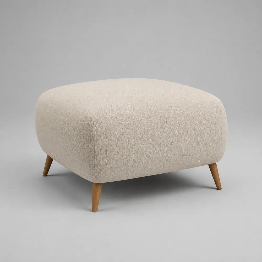 Pouf repose-pieds rectangulaire en tissu bouclé beige avec pieds en bois, 80 × 60 × 45 cm