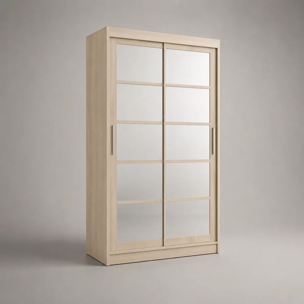 Armoire-penderie en bois à 2 portes coulissantes avec miroirs, chêne clair, 120 × 60 × 200 cm