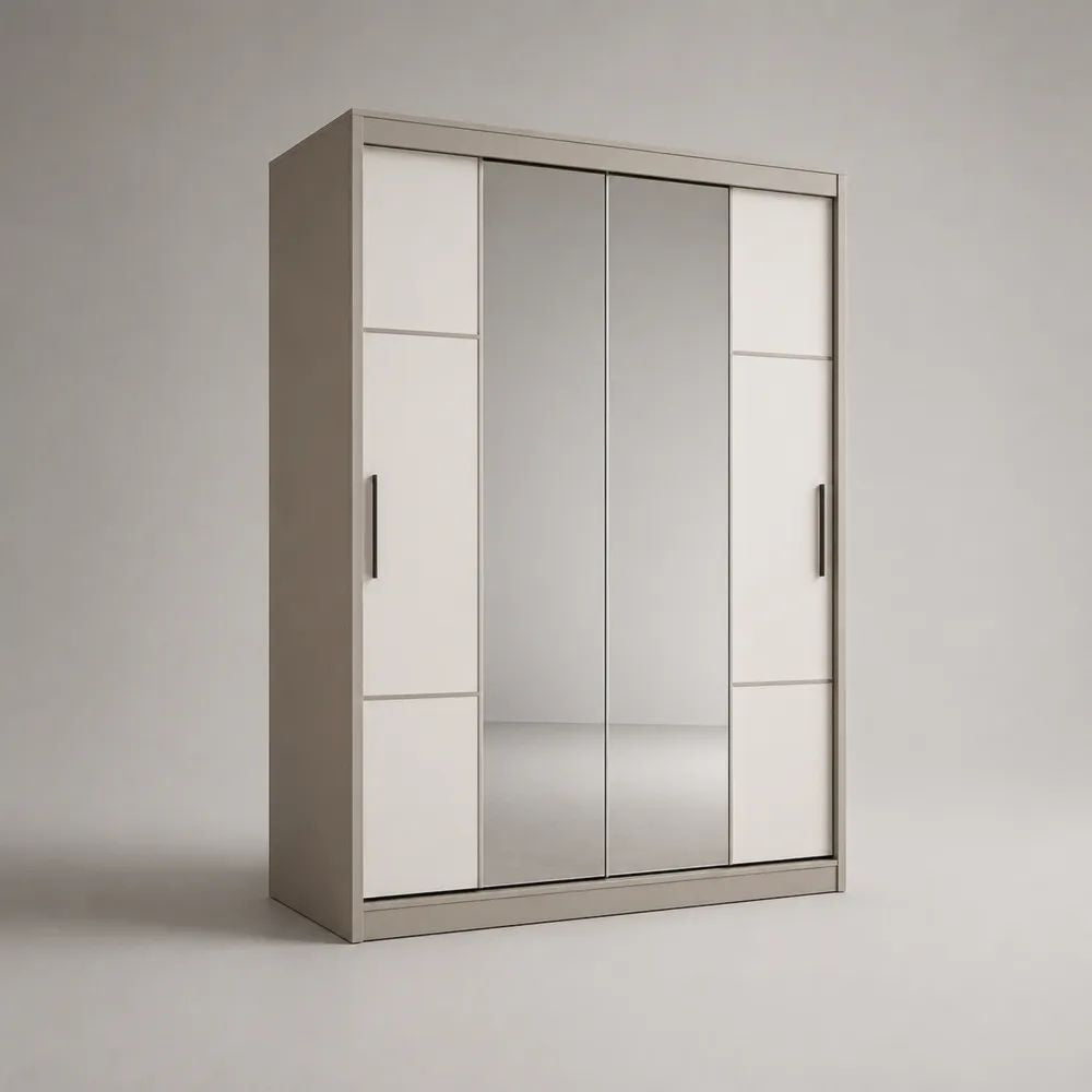 Armoire rectangulaire à portes coulissantes en bois et verre miroir, blanc/argenté/noir, 160 × 60 × 220 cm