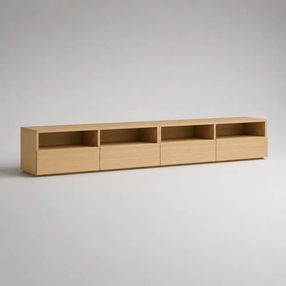 Meuble TV bas rectangulaire en MDF plaqué chêne naturel, 4 niches et 4 rangements fermés, 240 x 40 x 50 cm