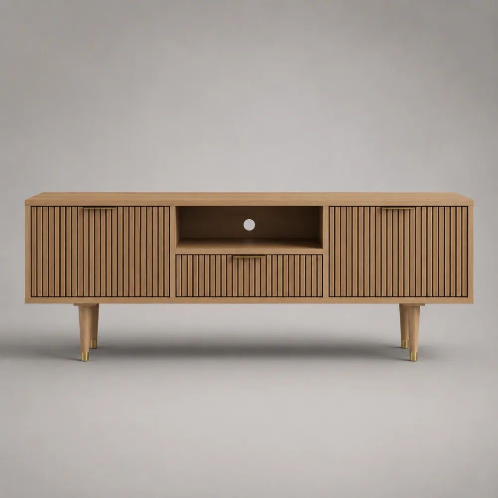Meuble TV bas rectangulaire en MDF plaqué chêne naturel et métal doré, 4 portes, 1 tiroir et niche avec passe-câbles, 160 × 40 × 60 cm