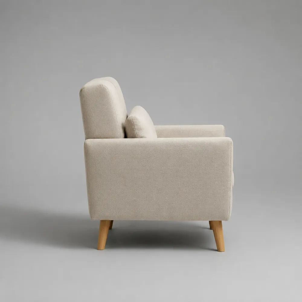 Canapé 2 places en tissu beige avec coussin et pieds en bois massif, 145 × 78 × 82 cm