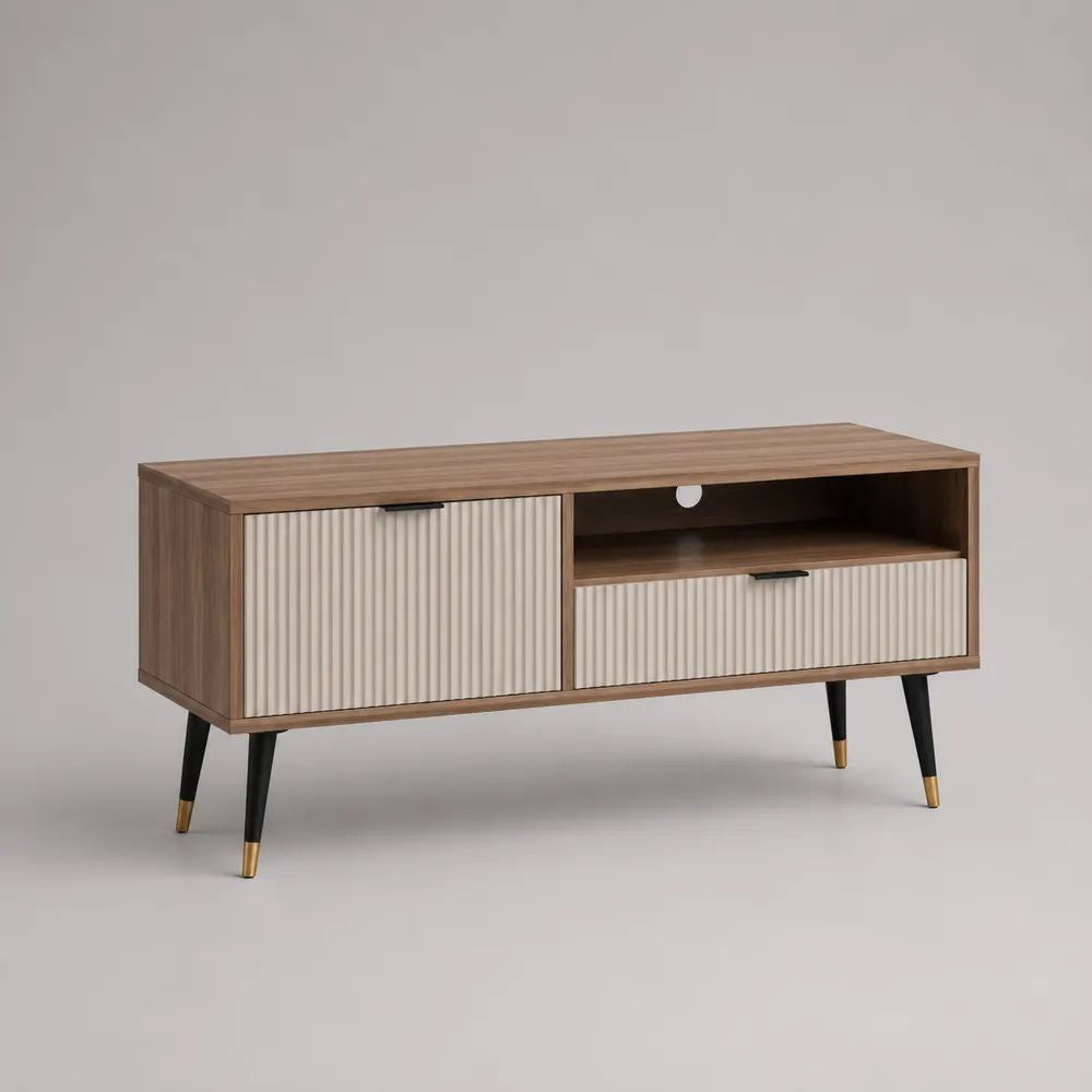 Meuble TV bas rectangulaire en panneaux de particules et MDF avec porte, tiroir et niche, noyer et beige, 120 x 40 x 65 cm