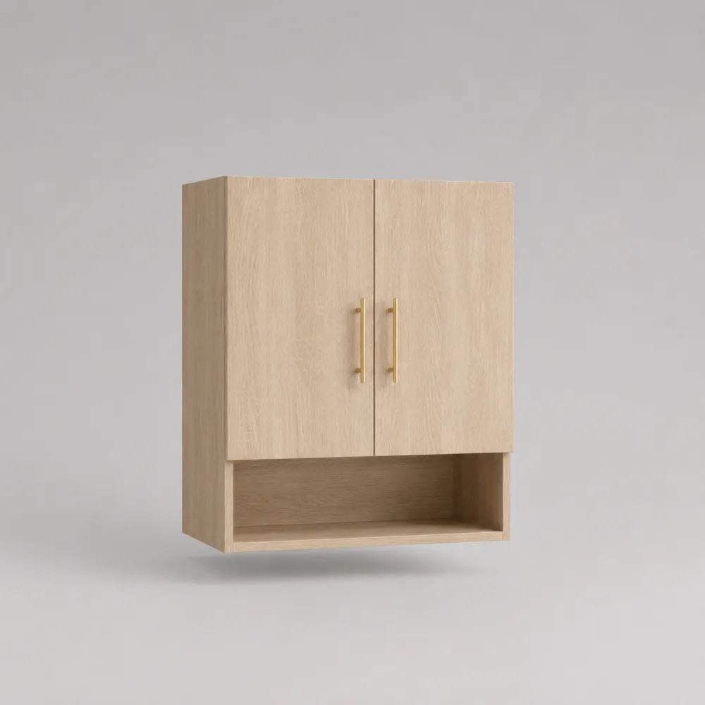 Armoire murale rectangulaire en panneaux de particules mélaminés, 2 portes et niche ouverte, chêne clair et laiton, 60 × 20 × 75 cm