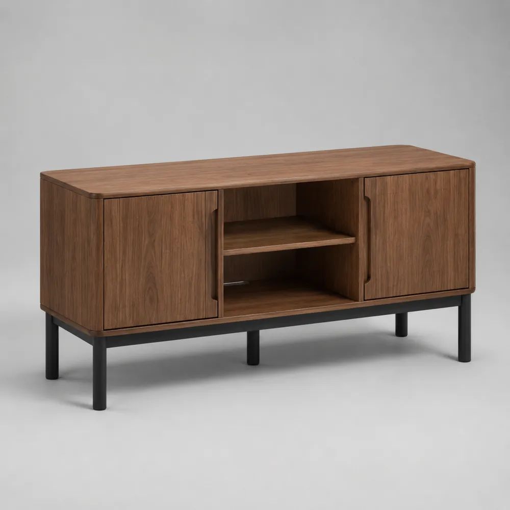 Meuble TV rectangulaire avec rangements en bois et métal, brun noyer/noir, 140 x 40 x 70 cm