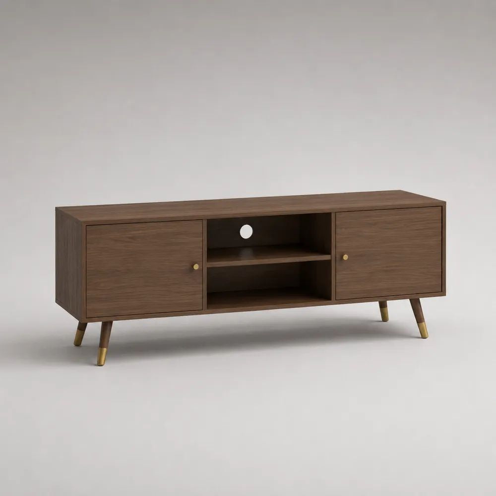Meuble TV rectangulaire en MDF plaqué noyer avec 2 portes, 2 niches et passe-câbles, marron noyer et doré, 150 × 40 × 60 cm