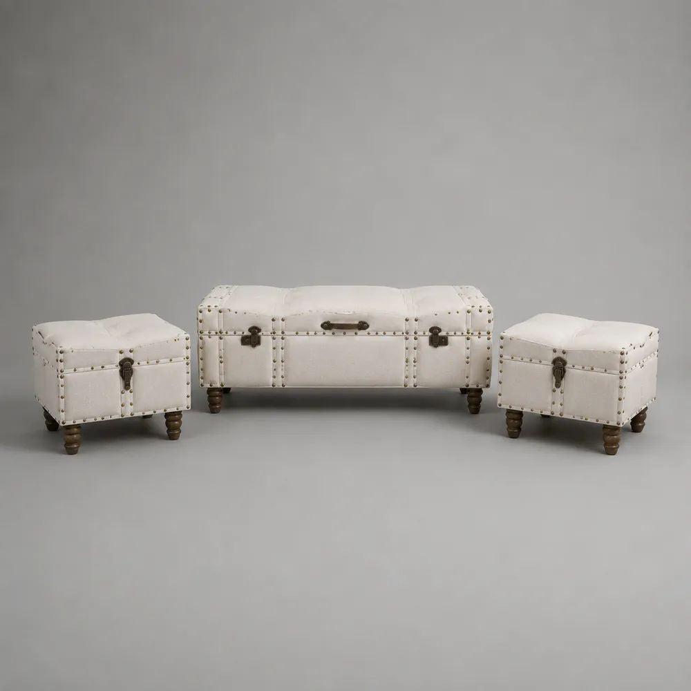 Ensemble de 3 bancs coffres de rangement en tissu crème avec pieds en bois – 1 banc de 120 × 40 × 50 cm et 2 coffres de 45 × 40 × 45 cm