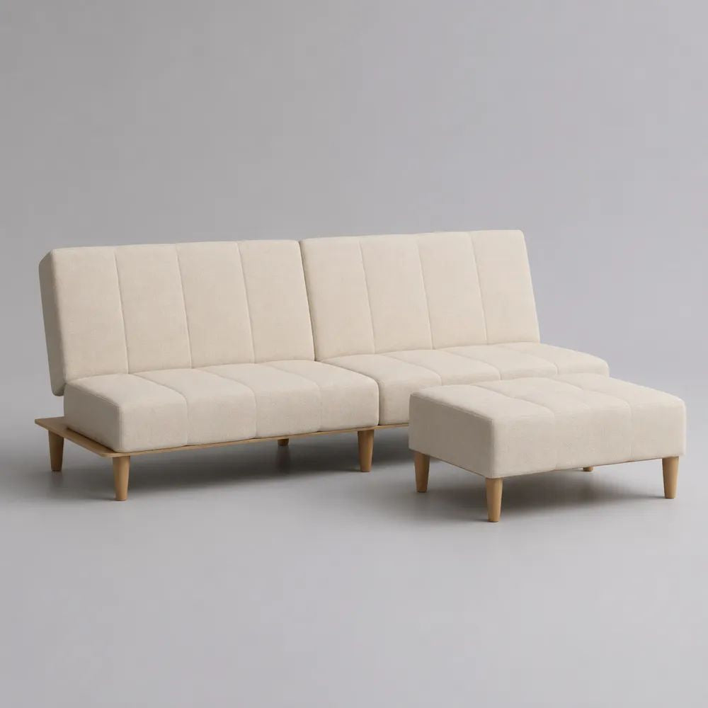 Canapé droit 3 places sans accoudoirs avec repose-pieds, tissu blanc cassé et pieds en bois, canapé 180 × 78 × 80 cm, repose-pieds 78 × 60 × 42 cm