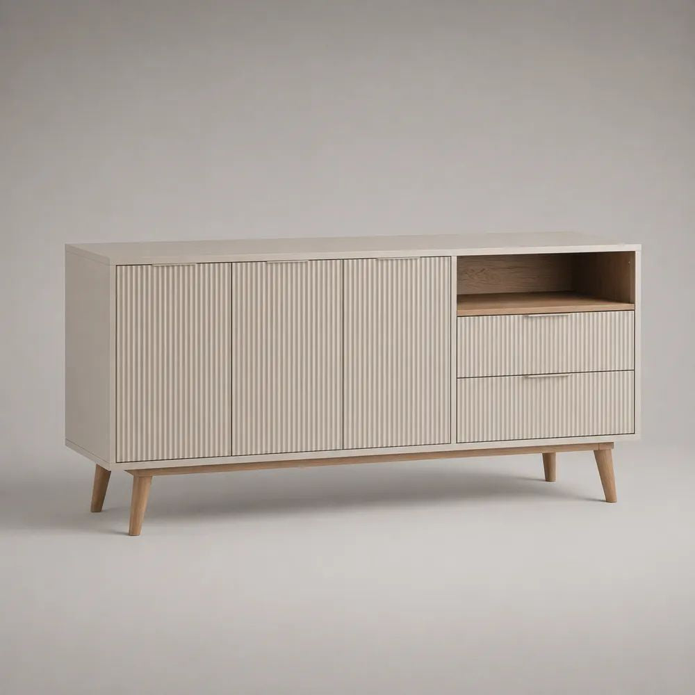 Meuble TV rectangulaire en MDF et hévéa, blanc mat et chêne naturel, 140 x 40 x 75 cm