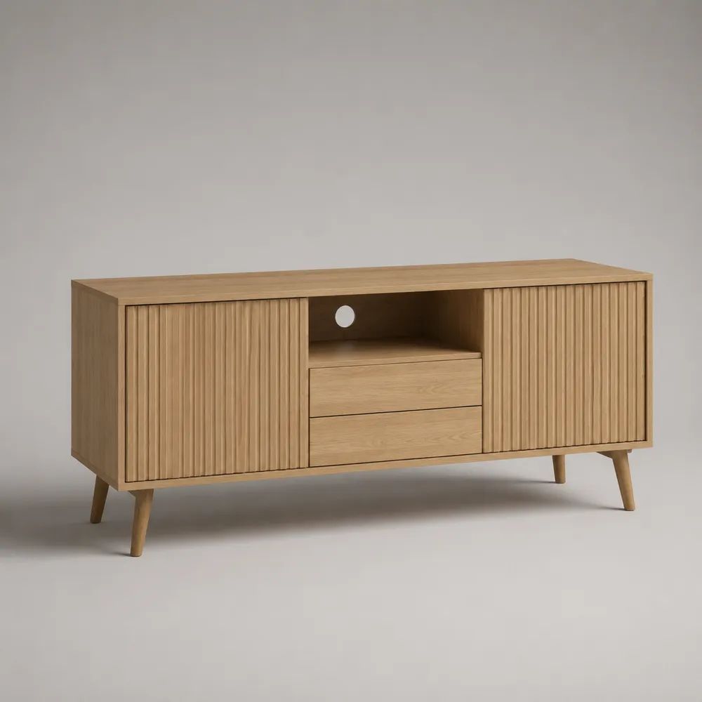 Meuble TV buffet avec 2 portes rainurées, 2 tiroirs et niche avec passe-câbles, MDF plaqué chêne et hévéa massif, chêne naturel, 150 × 40 × 75 cm