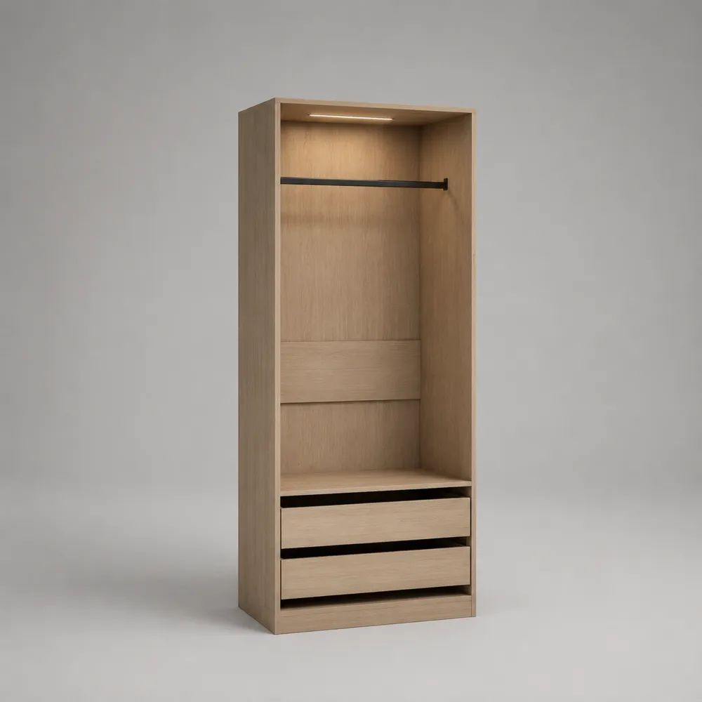 Armoire penderie ouverte en bois et métal avec éclairage LED et 2 tiroirs, chêne clair et noir, 80 × 55 × 200 cm