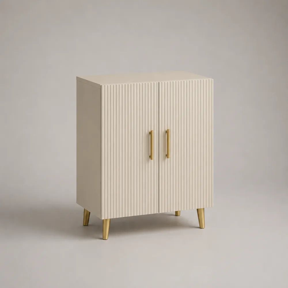 Buffet de rangement rectangulaire à 2 portes en MDF cannelé beige avec pieds en acier doré, 80 × 40 × 100 cm