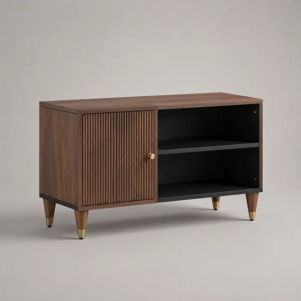 Meuble TV rectangulaire en MDF plaqué noyer avec 1 porte rainurée et 2 niches, noyer/noir/doré, 110 × 40 × 70 cm