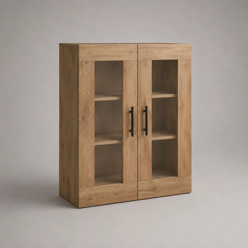 Buffet haut vitrine à 2 portes en panneaux de particules mélaminés et verre, chêne clair, 100 × 40 × 120 cm