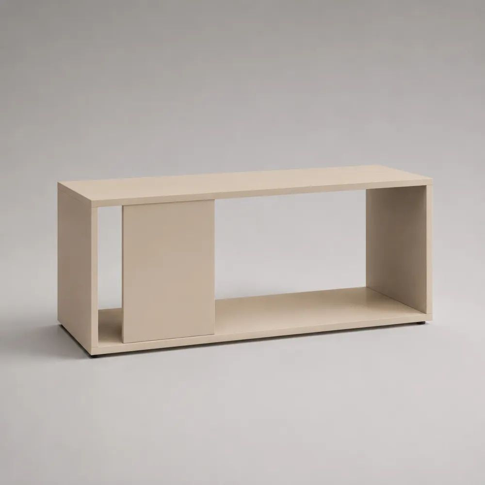 Meuble TV bas avec rangement ouvert et porte coulissante en panneaux de particules mélaminés crème, 120 × 35 × 50 cm