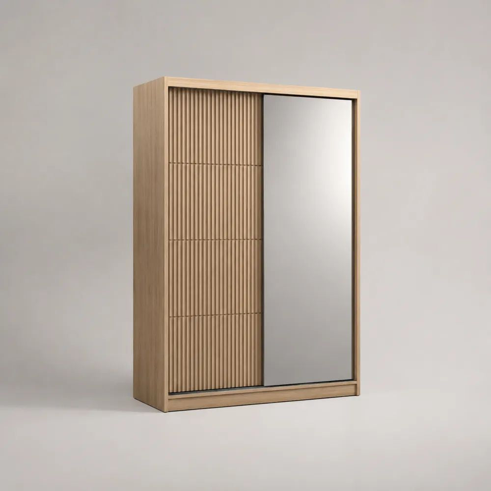 Armoire-penderie à 2 portes coulissantes avec miroir, en MDF plaqué chêne naturel, 120 × 60 × 200 cm