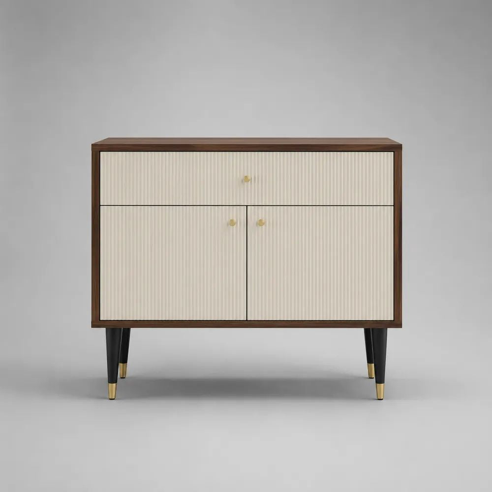 Buffet rectangulaire en MDF ivoire et bois décor noyer, 2 portes et 1 tiroir, 100 × 40 × 90 cm