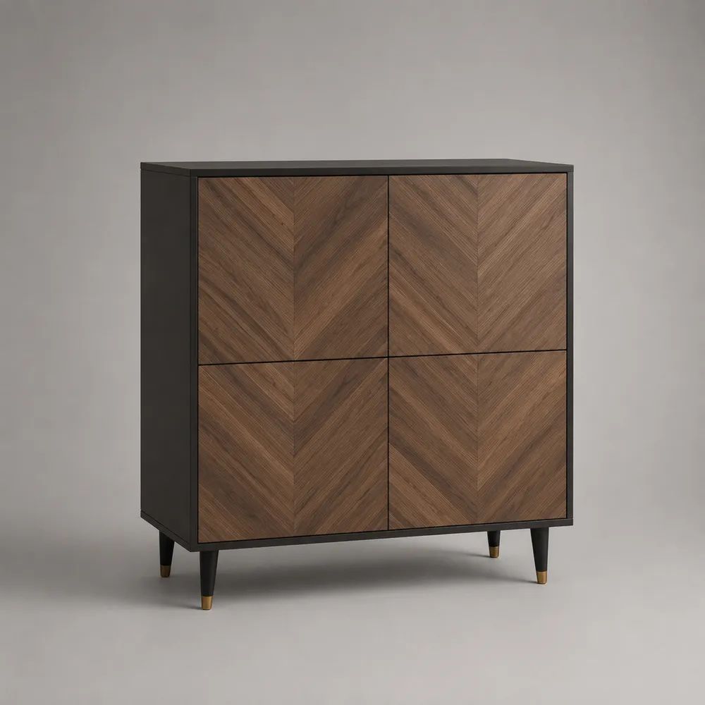 Buffet haut 4 portes en bois et métal, motif chevrons, brun noyer, noir et doré, 100 × 40 × 120 cm