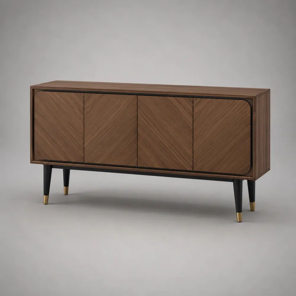 Buffet 4 portes en bois et métal, brun noyer, noir et doré, 160 x 42 x 82 cm