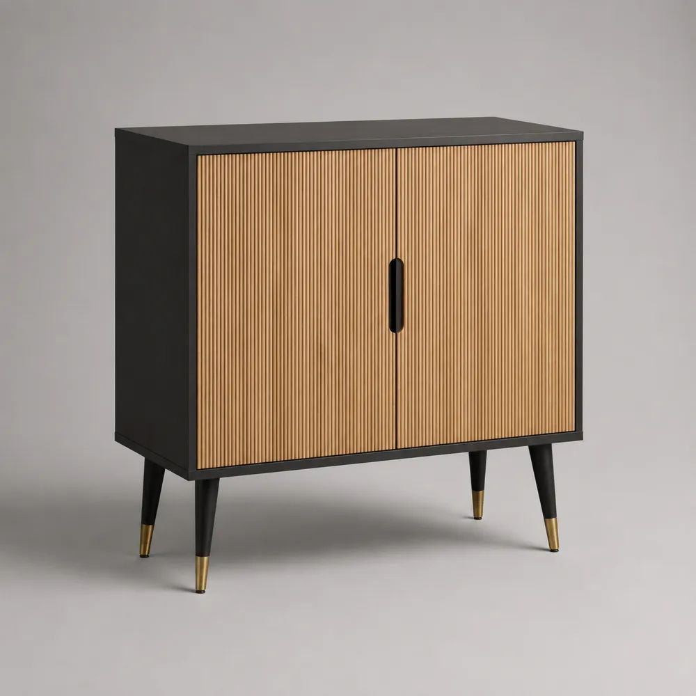 Buffet en bois à 2 portes, façade cannelée noir et chêne naturel, 80 × 40 × 90 cm