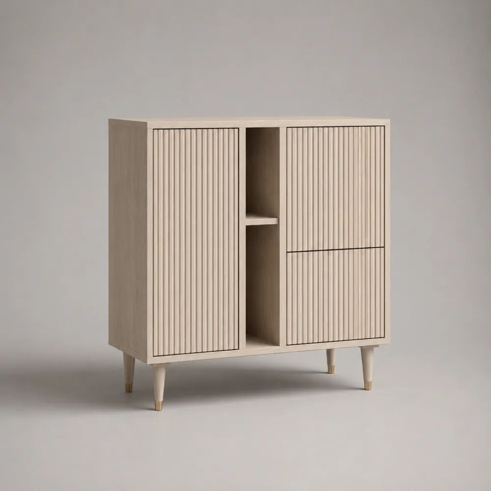 Buffet haut de rangement en bois à 3 portes rainurées et 2 niches, beige, 120 × 40 × 130 cm