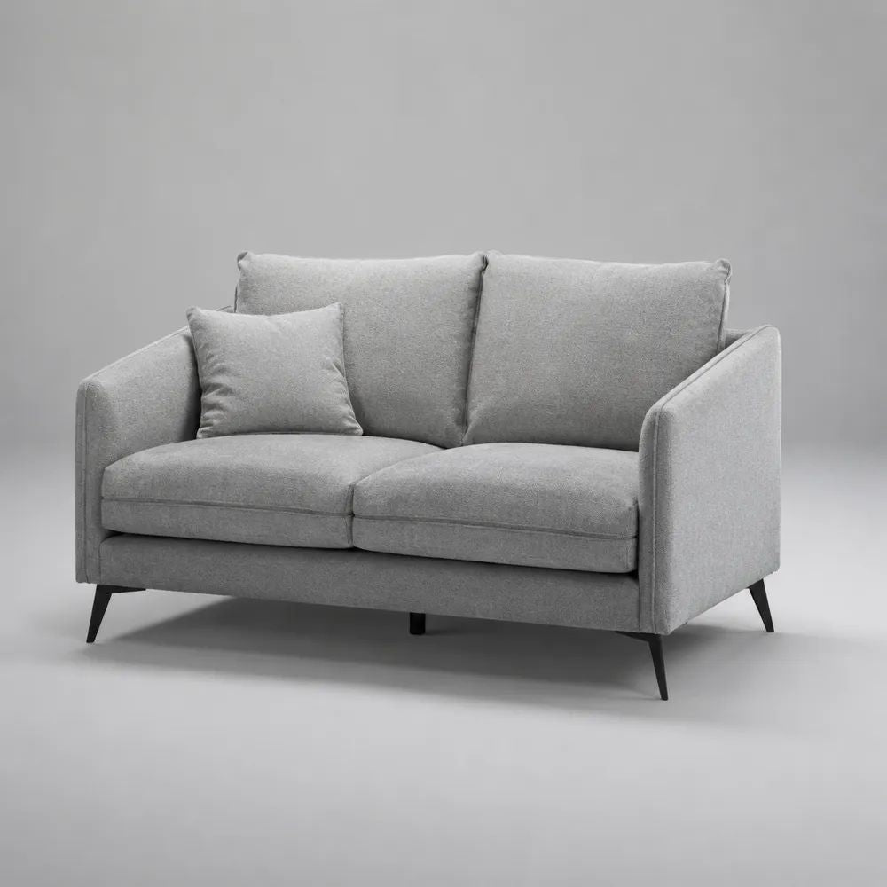 Canapé 2 places rectangulaire en tissu gris clair avec pieds en acier noir, 150 x 82 x 85 cm