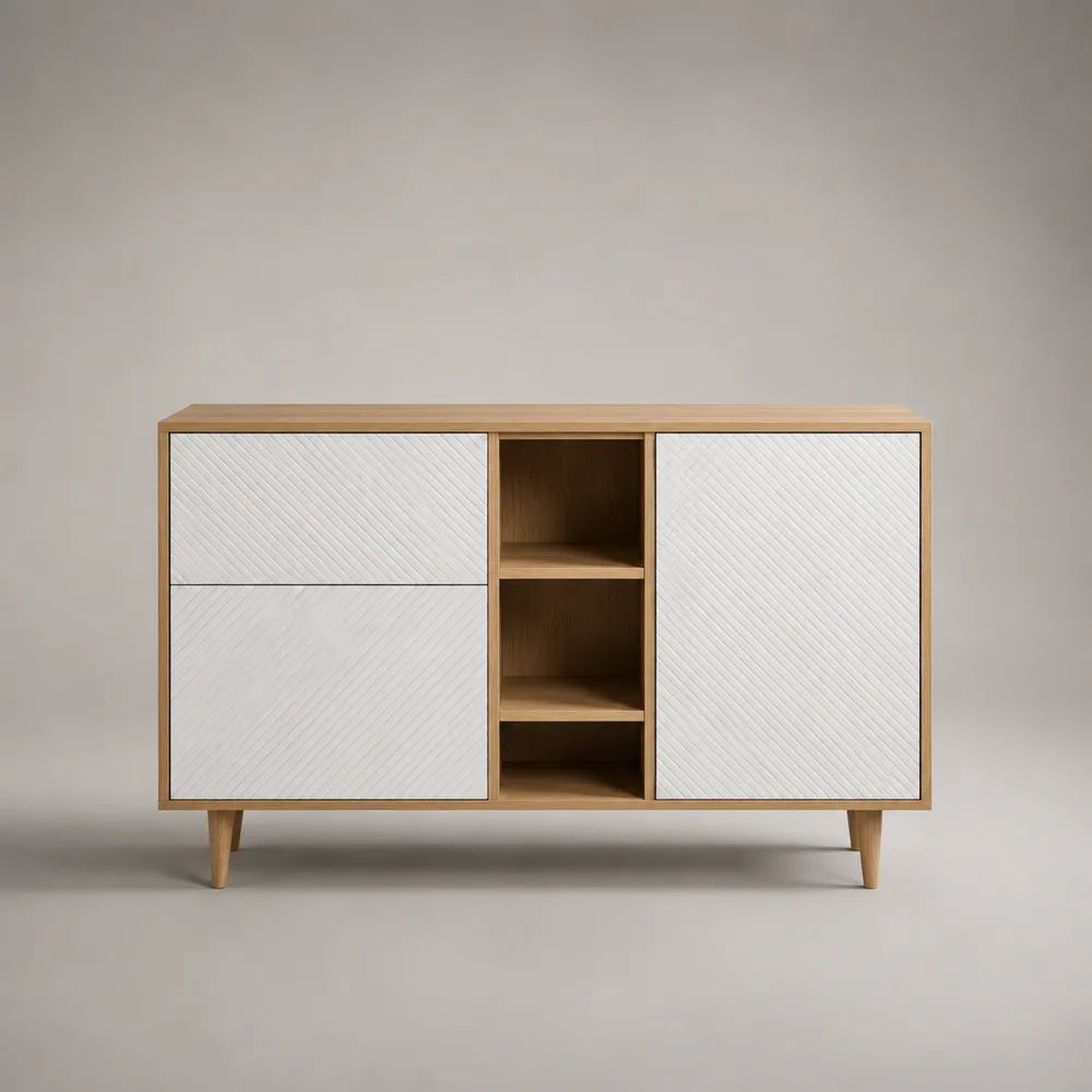 Buffet bas rectangulaire en MDF plaqué chêne, 2 tiroirs, 1 porte et 3 niches, blanc et chêne naturel, 120 × 40 × 80 cm