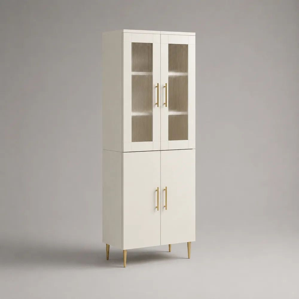 Vaisselier buffet haut à 4 portes en MDF et verre, blanc cassé et laiton, 80 × 40 × 180 cm