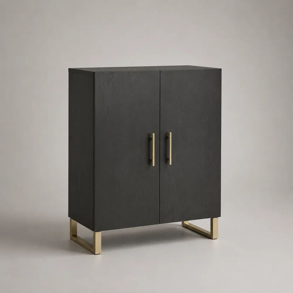 Buffet haut rectangulaire 2 portes en bois avec pieds en acier finition laiton, noir, 80 x 40 x 100 cm