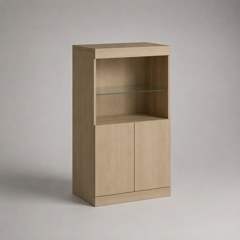 Buffet haut 2 portes en panneaux de particules plaqués chêne avec étagère en verre trempé, chêne clair, 60 × 35 × 120 cm
