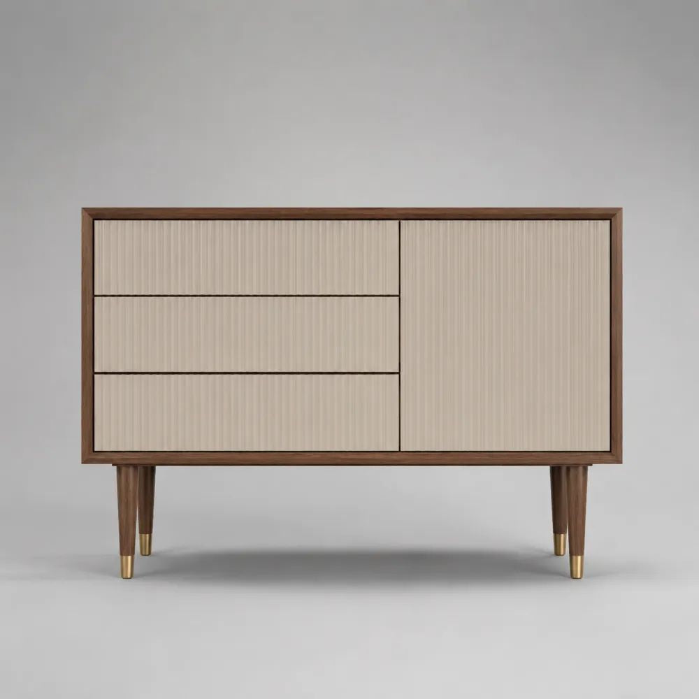 Buffet rectangulaire 3 tiroirs et 1 porte en MDF plaqué noyer et bois massif, beige, marron et doré, 120 × 40 × 80 cm