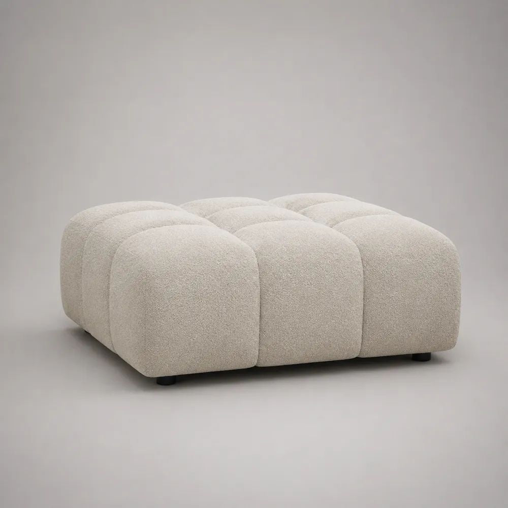 Pouf repose-pieds carré en tissu bouclette écru avec pieds noirs, 90 × 90 × 42 cm