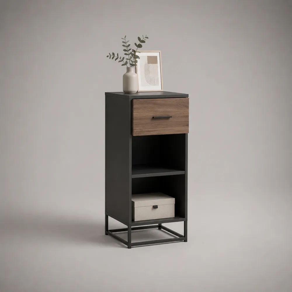 Buffet étroit rectangulaire en bois et acier noir avec tiroir et 2 niches, effet noyer, 40 x 35 x 100 cm