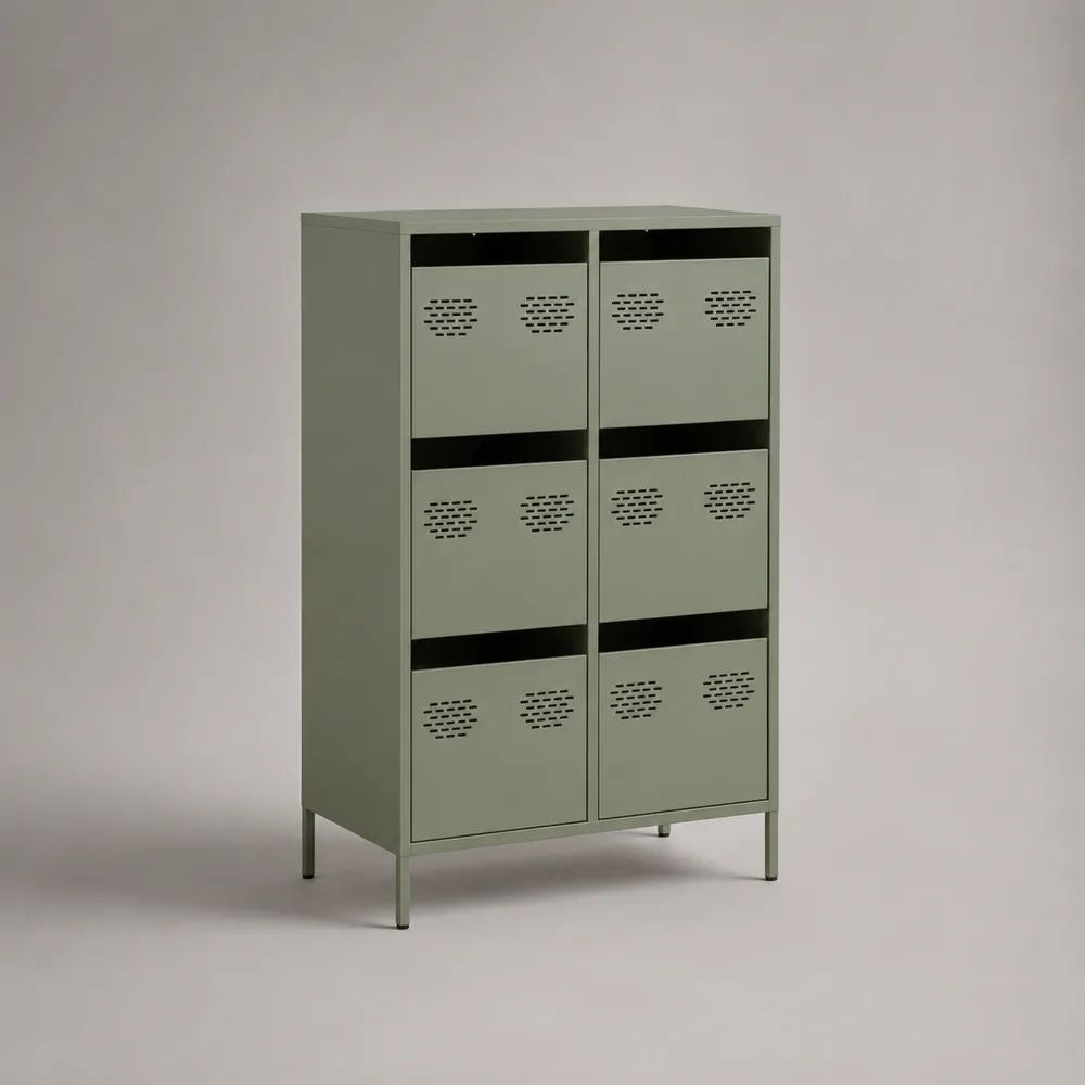 Buffet haut en acier à 6 portes, vert sauge et noir, 80 × 40 × 140 cm