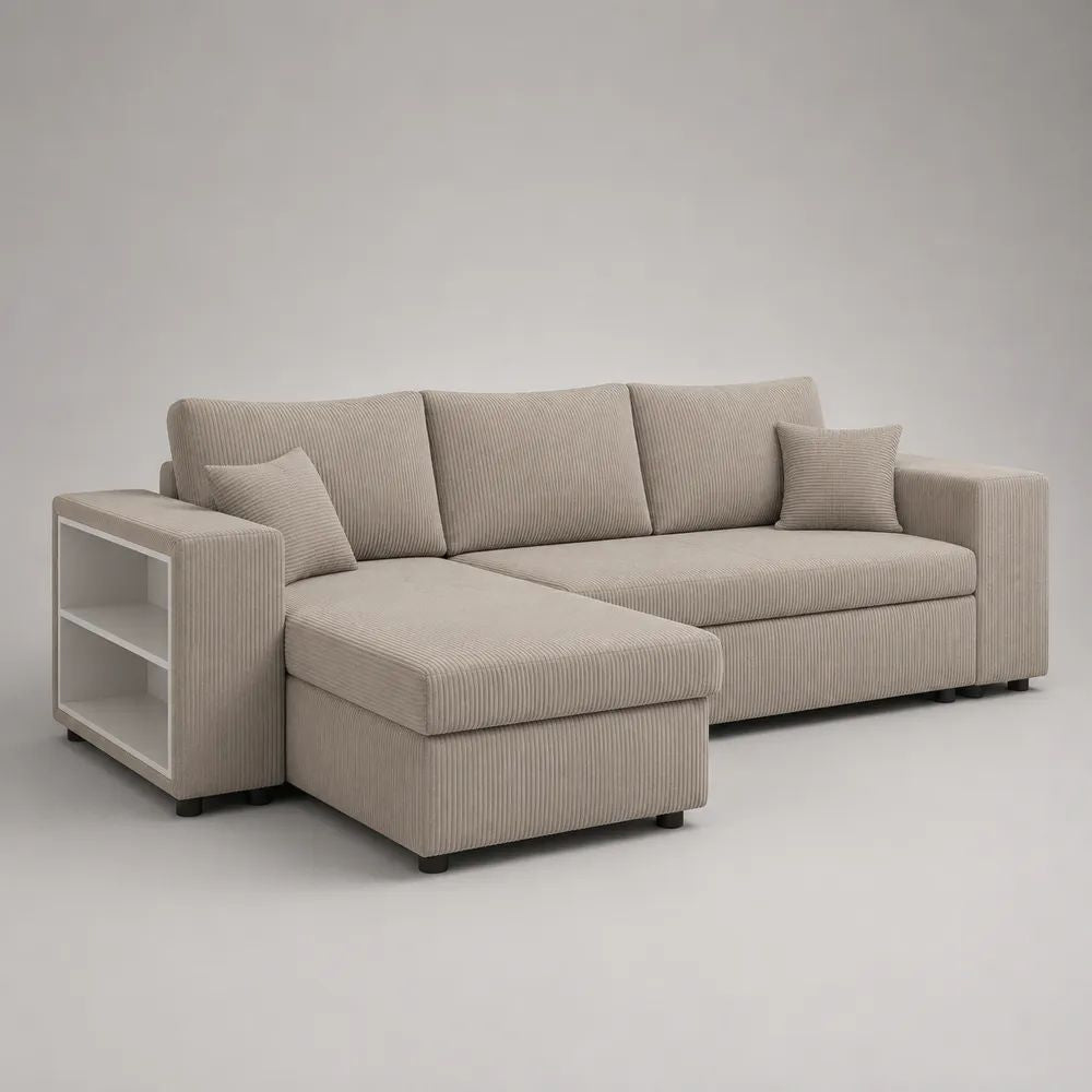 Canapé d’angle gauche 3 places en velours côtelé beige avec étagères latérales, 242 × 150 × 86 cm