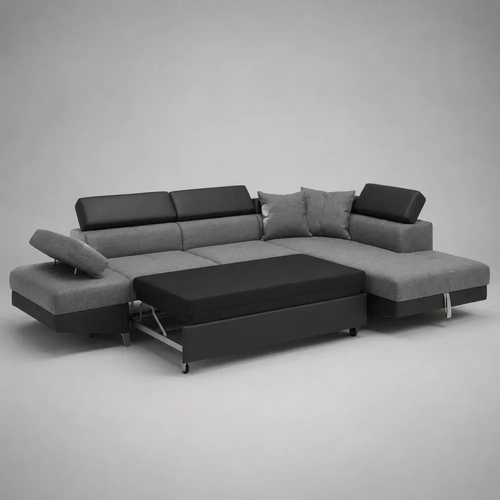 Canapé d’angle convertible 4 places en L, tissu et similicuir gris/noir, 280 × 200 × 78-98 cm