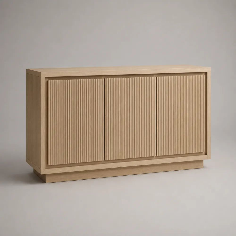 Buffet bas rectangulaire en bois à 3 portes rainurées, chêne clair, 150 × 40 × 85 cm