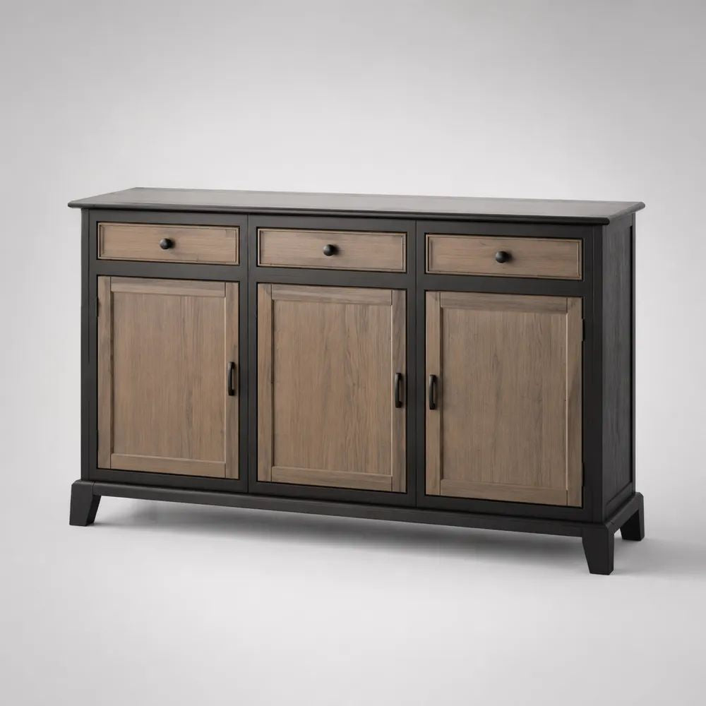 Buffet bahut rectangulaire en MDF plaqué chêne, 3 portes et 3 tiroirs, noir et chêne naturel, 150 x 40 x 85 cm