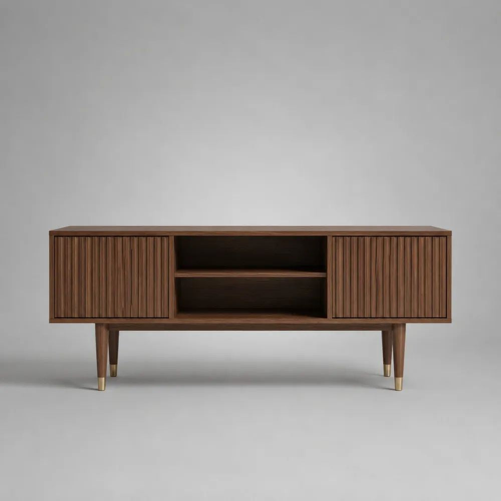 Meuble TV bas rectangulaire en bois et métal, 2 portes rainurées et 2 niches, brun noyer et laiton, 160 x 40 x 65 cm