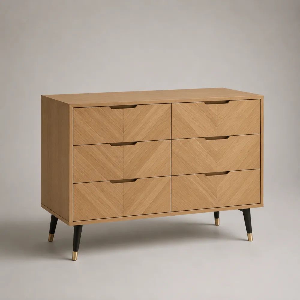 Buffet commode rectangulaire à 6 tiroirs en MDF plaqué chêne, chêne naturel, noir et laiton, 120 × 40 × 90 cm