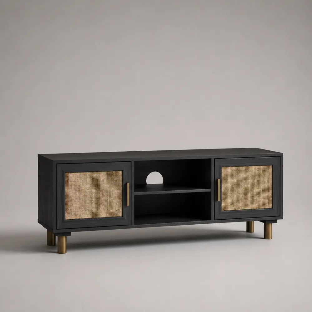 Meuble TV rectangulaire noir avec rangements, 2 portes en cannage de rotin et MDF, 140 × 40 × 58 cm