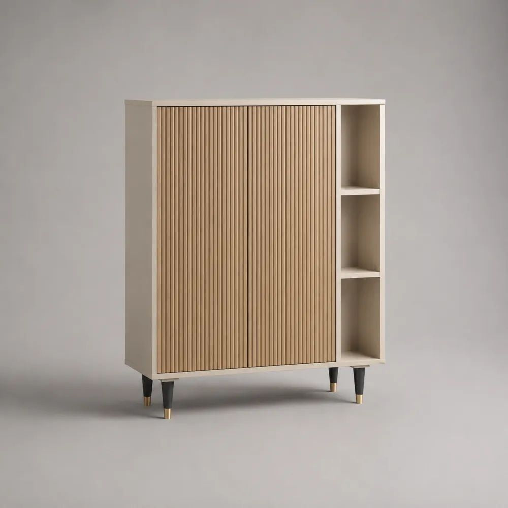 Buffet haut en bois rainuré, 2 portes et 3 niches, chêne clair et blanc cassé, 100 × 40 × 125 cm