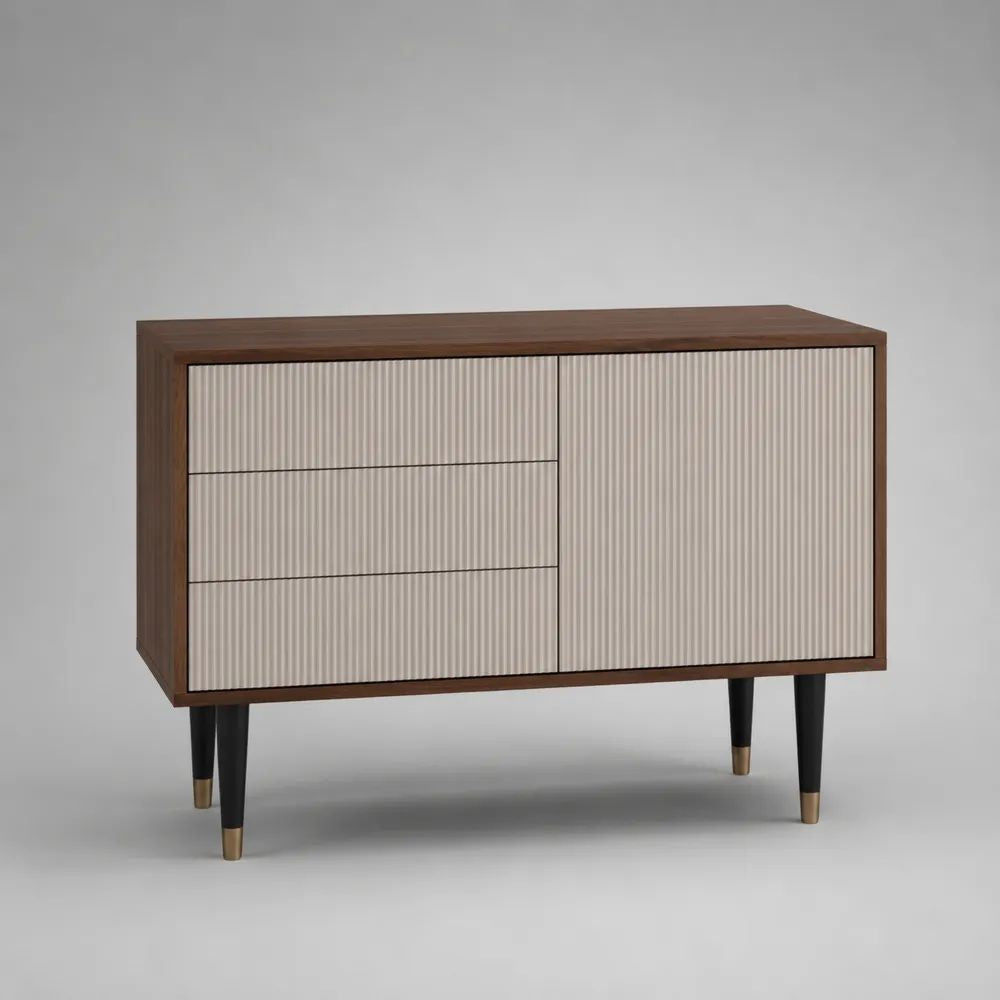 Buffet en MDF plaqué noyer avec 3 tiroirs et 1 porte, façades rainurées beiges, 120 x 40 x 85 cm