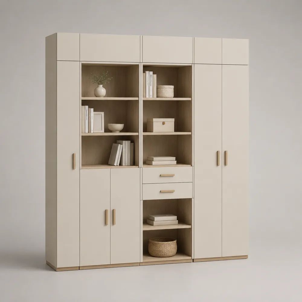 Buffet haut vaisselier rectangulaire en panneaux de particules, 10 portes et 2 tiroirs, beige et chêne clair, 200 × 40 × 200 cm