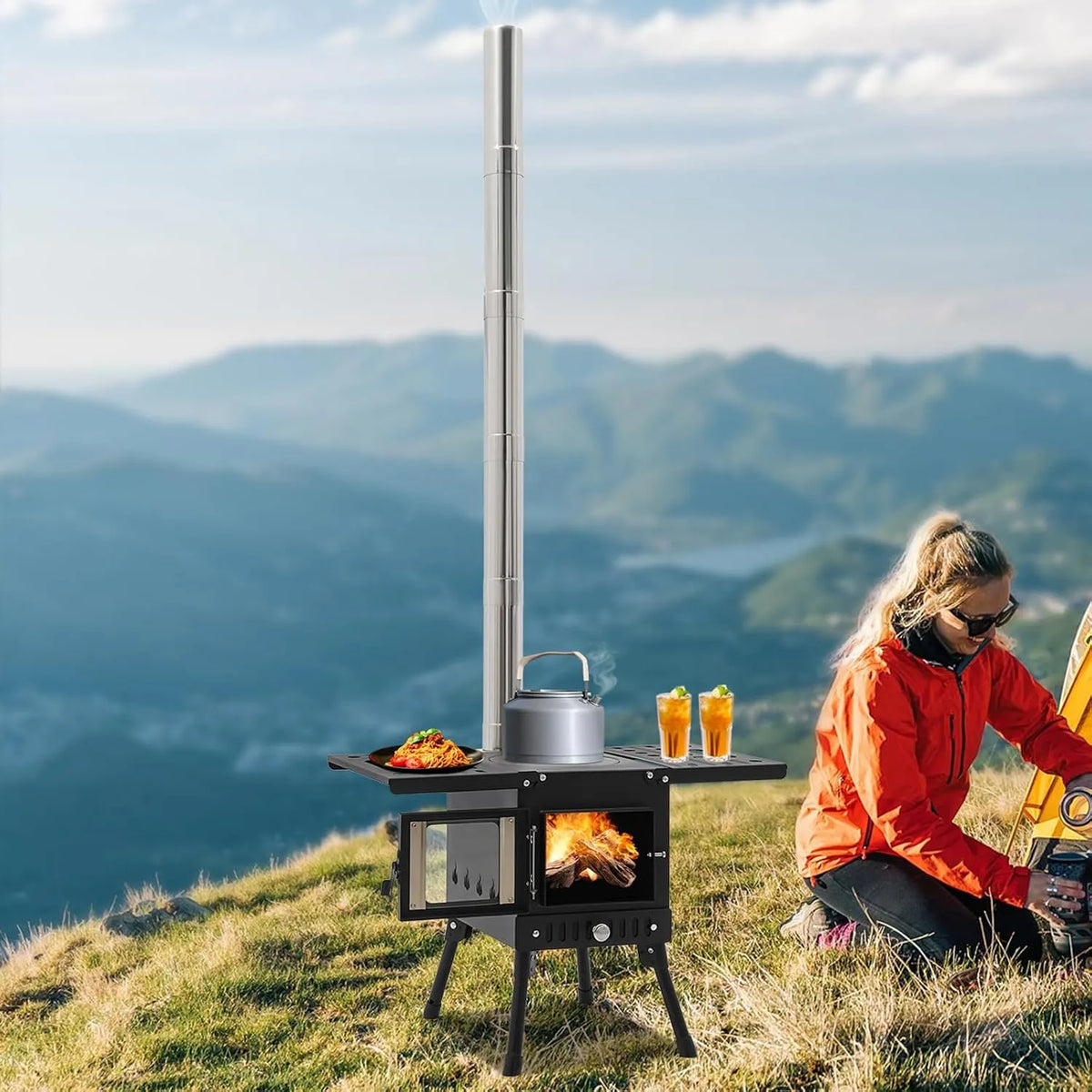 Four, à bois au format au format portable pour camping, Réchaud de tente pliable, Avec tuyau Chimney, Brûleur efficace
