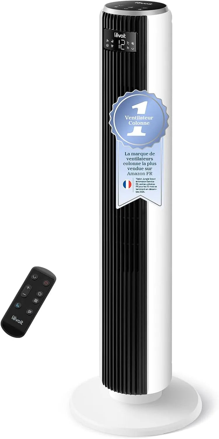 Ventilateur 7.9m/s 12h, LEVOIT 20dB Colonne Silencieux, 4 Modes, puissance 26W, Oscillant 90° avec 12 niveaux de vitesse, s DC Moteur, Minuterie