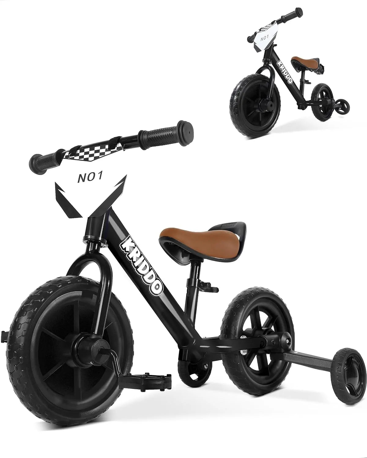 Plaque de cuisson, pédales Amovibles et Roues stabilisatrices repliables, KRIDDO 2-en-1 Tricycle pour Enfants et draisienne 2 à 5 Ans, finition noire
