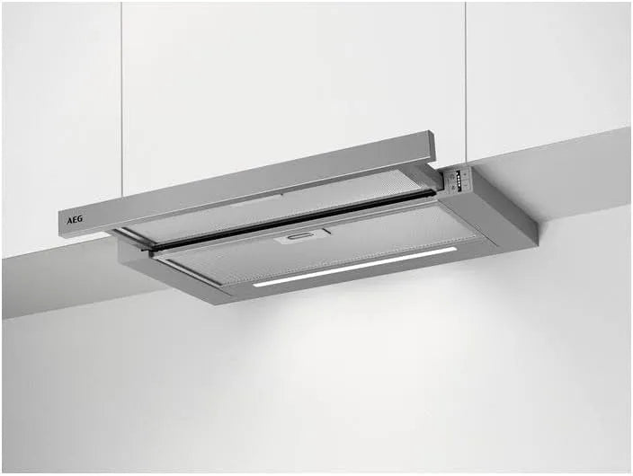 AEG modèle m³/h DPS5650AM, Hotte Ecran Plat, largeur 60cm, Conduit ou Recyclage, finition grise, Max 70 dB, Min.54, Touches SoftTouch