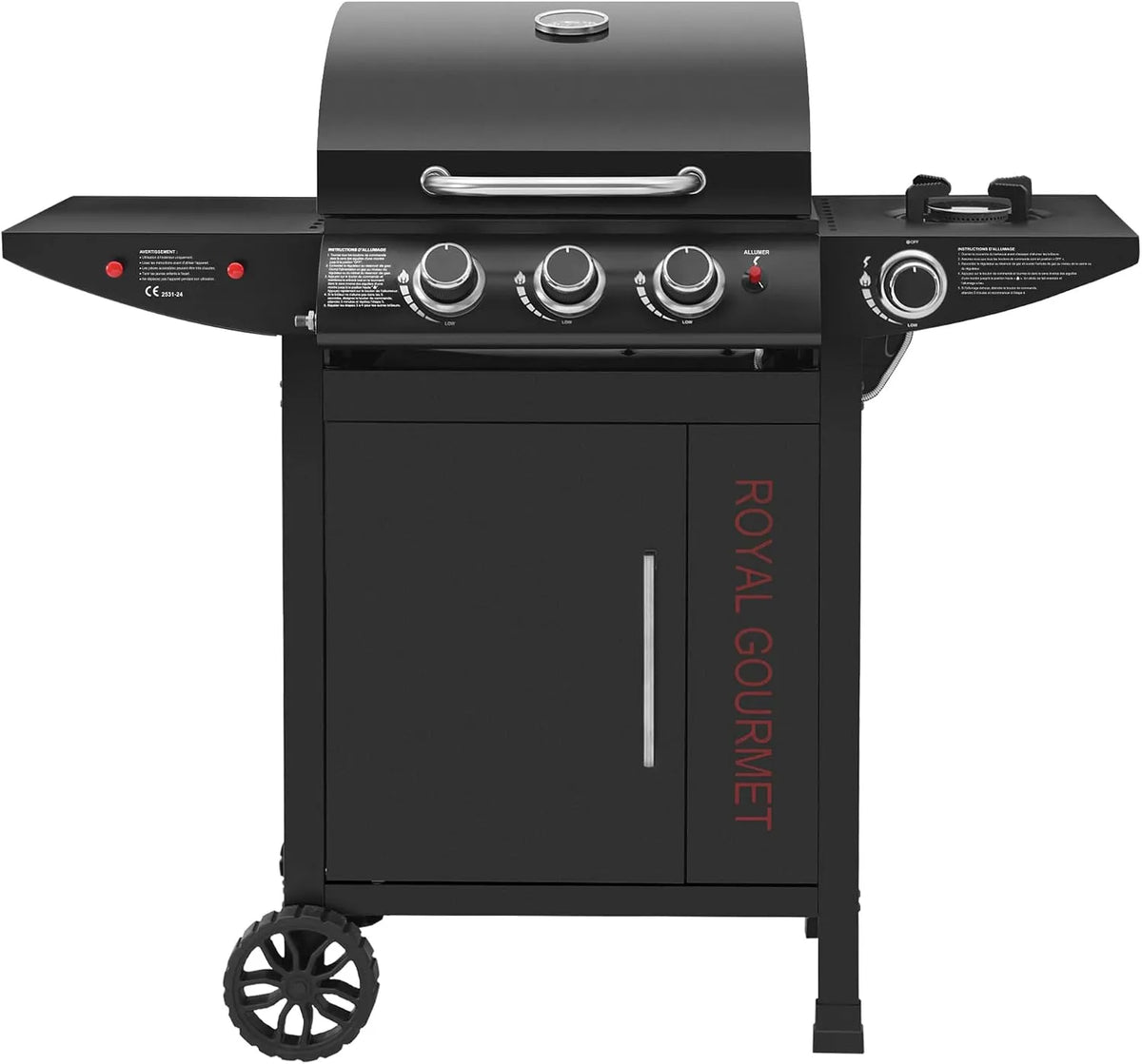 Barbecue à gaz Royal Gourmet, 2 Roues et 1 Porte, à 3+1 Brûleurs en Acier Inoxydable, finition noire, Adapté pour Jardin et Extérieure